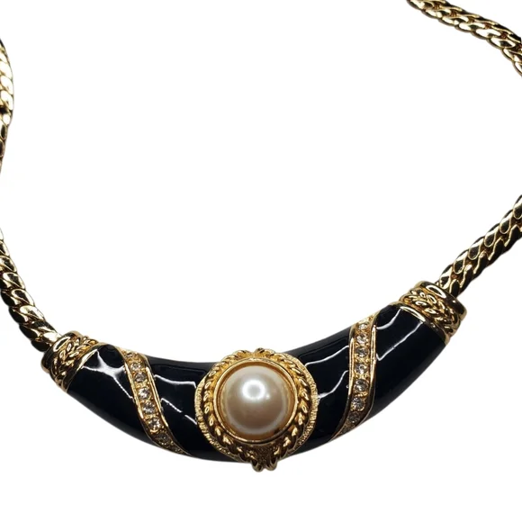 DIOR Vintage 1980's 18k Gold Plated Enamel Crystal Pearl Necklace - Picture 2 of 5